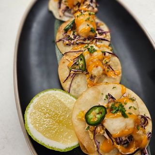 Tempura shrimp tacos with pink mayo