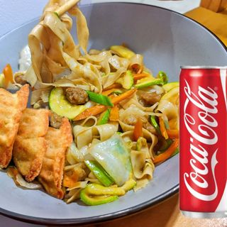 STIR FRIED FLAT NOODLES IN CHICKEN OR PORK WITH 3 PCS DEEP FRIED GYOZA PLUS 1 CAN OF COCA COLA