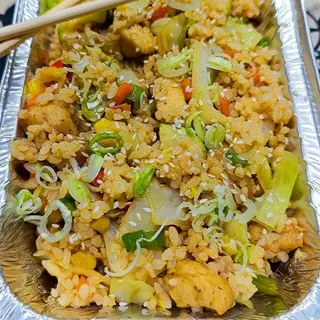 VEGETABLE STIR FRIED RICE WITH MUSHROOM AND SOYA MEAT