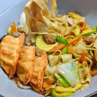 STIR FRIED FLAT NOODLES WITH  3 PCS. DEEP FRIED GYOZA