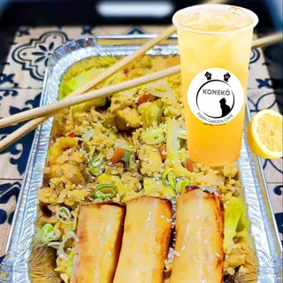 FRIED RICE WITH 3 SPRING ROLL AND 1 FRUIT TEA BOBA 