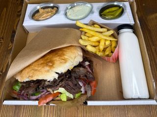 Beef gyros sandwich menu 1 (Yogurt) Ayran and Chips