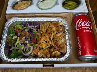 Chicken kebab portion Chips And Coca Cola