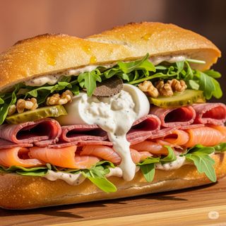 Royal Smoke Duo – Smoked Salmon & Smoked Beef Sandwich with Truffle Aioli