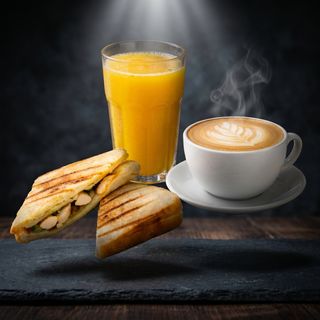 Morning Trio – Chicken Sandwich, Large Cappuccino & Fresh Orange Juice