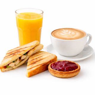 Full Morning – Chicken Sandwich, Large Cappuccino, Juice & Cherry Tart