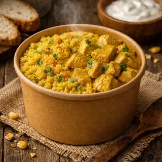 Bulgur sa piletinom u kari sosu.