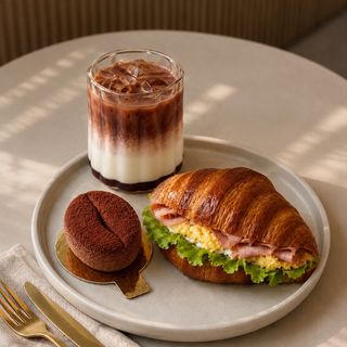 Croissant Omelette + Coffee bean + Iced Cocoa cherry