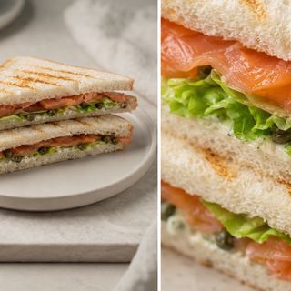 Сендвич со слабосоленным лососем, фирменным соусом и каперсами