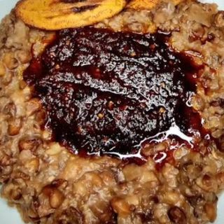 Beans yam and plantain with meat ponmo