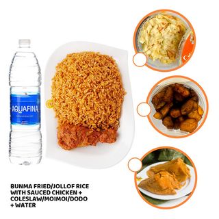 Bunma Rice + Sauced Chicken + Coleslaw/Moimoi/Dodo + Water