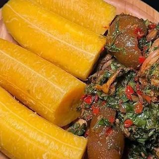 Boiled Plantain Vegetable And Mashed Fish