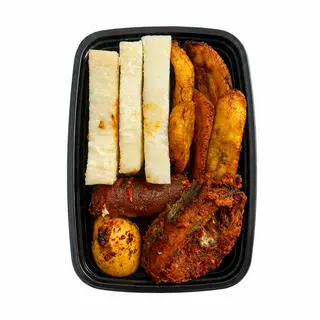 Ewa Agoyin, Boiled Yam, Fried Fish, Kpomo, Egg & Plantain