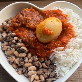 White Rice and Beans, Boiled Egg and Fish