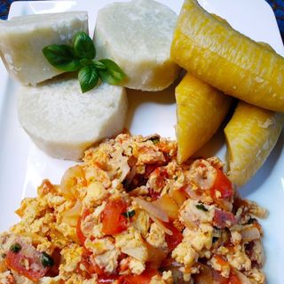 Boiled plantain and boiled yam and egg sauce 