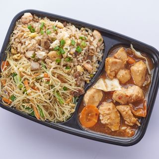 Egg Fried Rice, Singapore Noodles and Meat Combo