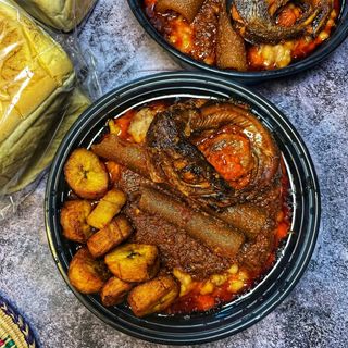 Ewa Agoyin + Fried Fish + Plantain + Big Bread