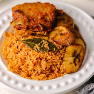 Jollof with Fried Rice, Chicken and Fried plantain