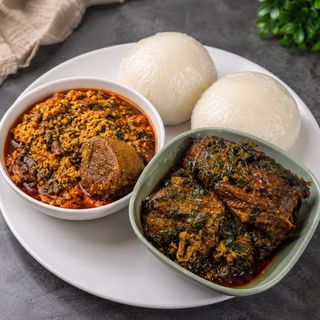Garri + Eforiro + Ponmo  + fried fish