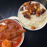 Plain rice and stew with plantain