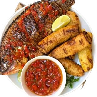 Grilled Plantain and  Fried Titus Fish( Bole)