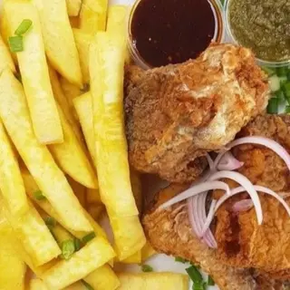 Delicious French Fries and Fish with sauce 