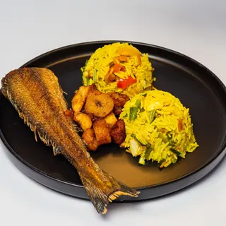 Fried rice, Plantain and Panla Fish