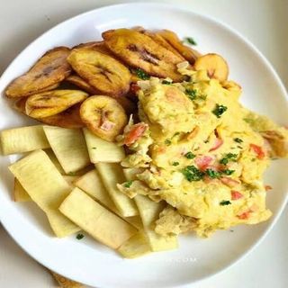 Fried Yam, Fried Potatoes, Fried Plantain With Fried Eggs.