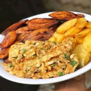 Fried Potatoes with Fried Plantain and Fried Eggs 