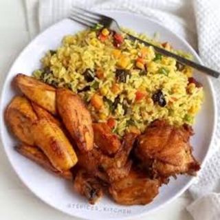 Fried Rice With Plantain And Big Chicken