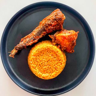 Jollof Rice, Fried Fish and Fried Chicken