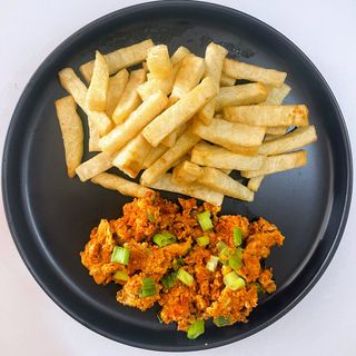 Crispy Fried yam sticks and spicy Egg sauce