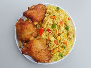 Fried rice + Chicken + plantain + coleslaw + drink