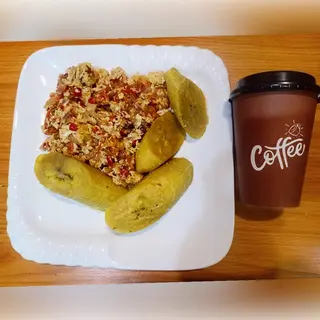 Unripe Plantain + Egg sauce + Coffee