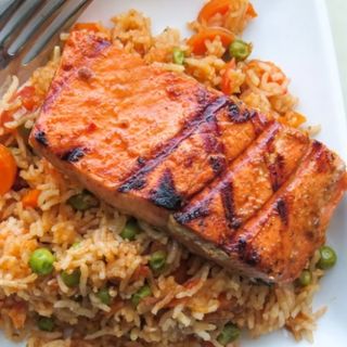 Jollof Rice, Grilled Plantain & Salmon