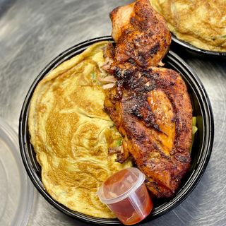 Chips, Fried Eggs And Chicken.
