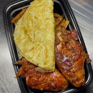 Sweet & Spicy Yam, Fried Eggs And grilled Chicken.