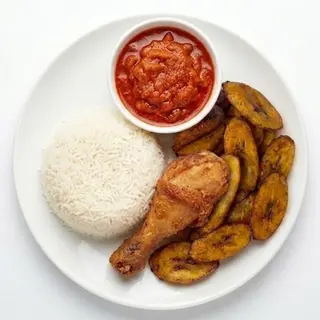 Rice, stew, fried chicken & plantain combo