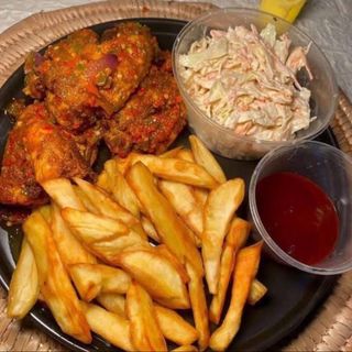 Fried sweet potatoes with pepper turkey and side salad