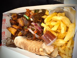 Chips plantain mini shawarma and peppered beef
