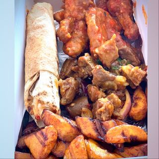 Goat meat plantain mini shawarma and bbqwings