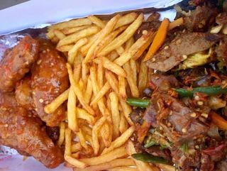 Chips goat meat and bbqwings