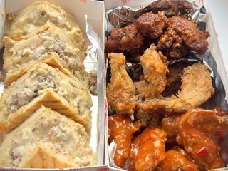 Beef sandwich, peppered wings crispy wings and bbqwings