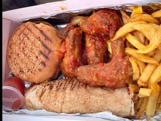 Mini shawarma mini burger chips and bbqwings