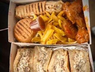 Beef sandwich Mini shawarma mini burger chips and bbqwings