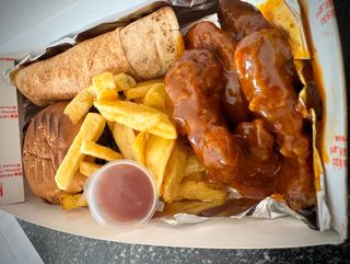 Mini burger mini shawarma chips and bbqwings