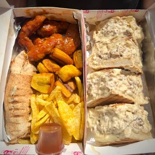 Beef sandwich chips plantain mini shawarma and bbqwings