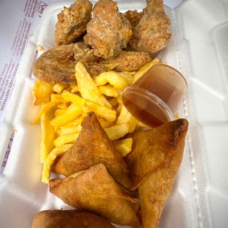 Crispy wings samosa and Irish chips
