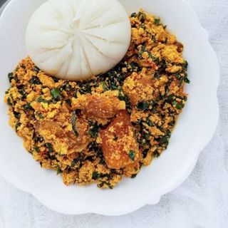 Pounded Yam with Egusi or Efo + Goatmeat (Okele Combo)