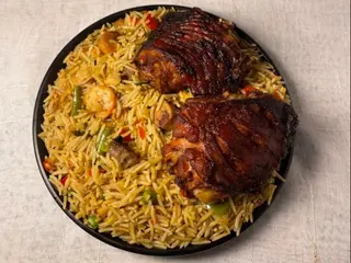 Basmati fried rice with BBQ chicken & dodo